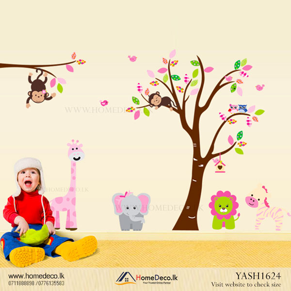 Pink Tree with Animals Wall Sticker - YASH1624